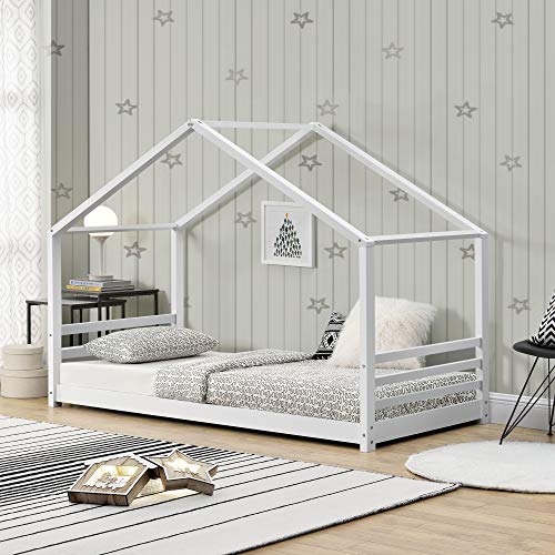 [en.casa] Letto per Bambino a Forma di Casetta 90 x 200 cm Lettino di Design Struttura in Legno - Bianco