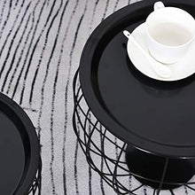 homcom Set 3 Tavolini da caffè Rotondi con Funzione Contenitore, Design a Griglia in Acciaio Nero, per Salotto o Ufficio