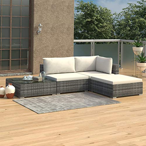 Tidyard Set di Mobili da Giardino in Polyrattan, Set Divani 3 Posti da Giardino/Esterno con Cuscini e Tavolino 4 pz, Leggero e Modulare, Grigio