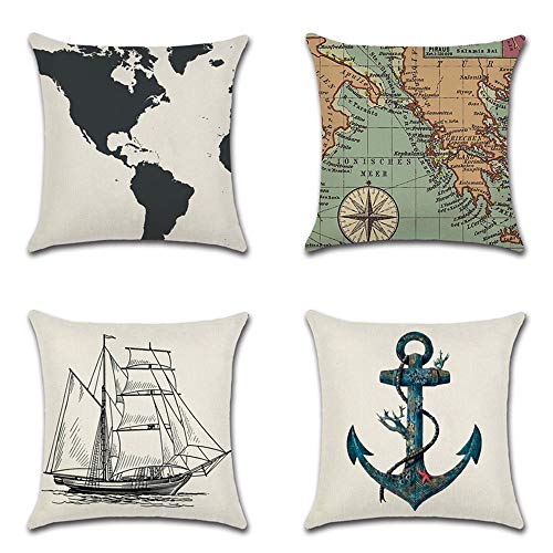 GSYYSZD Fodera per Cuscino, 4 Pezzi di Federa Decorativa Vita Nautica 45 cm x 45 cm Cotone Lino Decorazione della casa Durevole,01