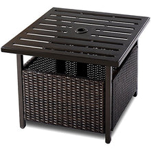COSTWAY Tavolo di Vimini Giardino con Foro per Ombrellone, Struttura in Acciaio, Rattan, Marrone, 55,5x55,5x46cm