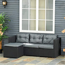 Outsunny Set Mobili da Giardino in Rattan PE Divano 3 Posti e Poggiapiedi/Tavolino, Cuscini Sfoderabili, Nero Grigio