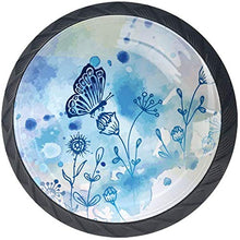 Fiori di farfalla blu disegnati a mano Pomelli per Porta Set di 4 Pomelli per Mobili Manopole per Cassetti Cucina Armadio Vetro