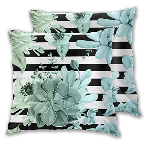 Set di 2 federe decorative per cuscini, motivo: piante grasse in giardino, blu e verde, sfumate con strisce nere.
