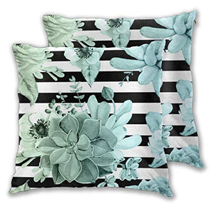 Set di 2 federe decorative per cuscini, motivo: piante grasse in giardino, blu e verde, sfumate con strisce nere.