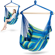 Goplus Sedia Amaca Imbottita in Cotone, Poltrona Sospesa con Bastone in Legno Massello, Poltrona Amaca da Giardino con capacità 120 kg, Perfetta per Salotto, Terrazzino, Soggiorno e Balcone (Blu)