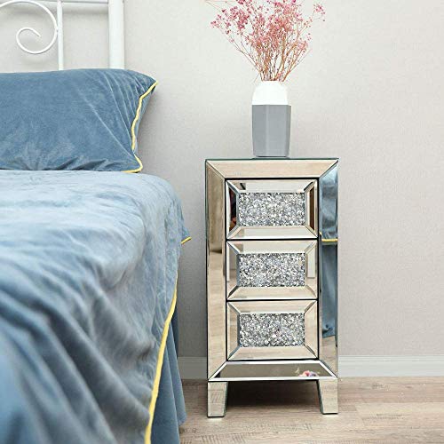 YRRA Comodino da Comodino a Specchio a 3 cassetti con intarsio in Cristallo di Diamanti Tavolino da Salotto in Stile Splendente per Camera da Letto Soggiorno Ufficio Argento