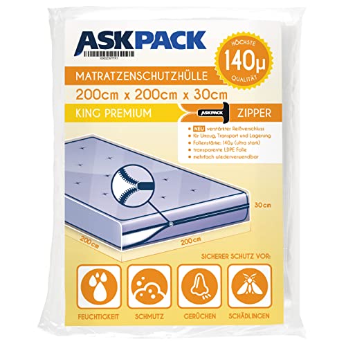 ASK Pack Premium Custodia Materasso King con Cerniera Lampo per Materasso Fino a 200 cm di Larghezza/Fino a 30 cm di Altezza / 200 cm di Lunghezza – Ultra Forte 140 µm