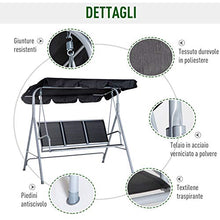 Outsunny Dondolo da Giardino a 3 Posti in Metallo, Tetto Parasole Rimovibile e Lavabile, Nero e Argento, 170x110x153cm