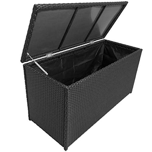 Wakects Baule da Giardino, Baule Contenitore da Esterno Cassapanca in Polyrattan, Cassapanca da Giardino Stoccaggio Giardino Esterni, Copertura Interna Impermeabile, Nero, 120x50x60 cm