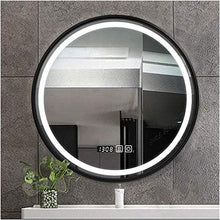 Specchio Rotondo A Muro Controluce LED, Specchio da bagno illuminato a LED a parete, specchio da bagno intelligente a LED, specchio anti-nebbia a parete rotondo con cornice, con tempo e temperatura, p