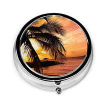 Scatola rotonda per medicina portatile, mini pillole in metallo, dispenser per pillole, borsa da tasca, regalo da viaggio, spiaggia e tramonto