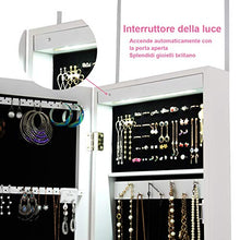COSTWAY Armadietto per Gioielli con Specchio a Parete e Porta con Luce a LED, Portagioielli da Parete, 106 x 30 x 8,5 cm, Bianco