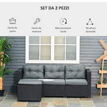 Outsunny Set Mobili da Giardino in Rattan PE Divano 3 Posti e Poggiapiedi/Tavolino, Cuscini Sfoderabili, Nero Grigio