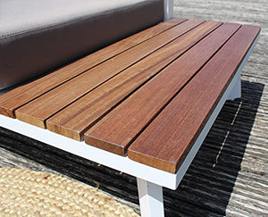 Meubletmoi - Divano angolare da giardino in alluminio bianco, legno di teak, tessuto sedute e schienale idrorepellente, HAMA