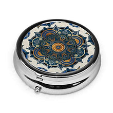 Scatola rotonda per medicina portatile, mini pillole in metallo, dispenser per pillole, borsa da tasca, regalo da viaggio, mandala blu e oro