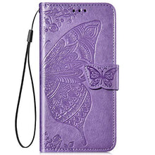 Saceebe Compatibile con Xiaomi 9 SE Custodia pelle Cover a libro Portafoglio Flip Case [Custodia in pelle goffrata con fiori e farfalle con cordino] anteriore e posteriore Bumper Case,viola chiaro