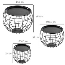 homcom Set 3 Tavolini da caffè Rotondi con Funzione Contenitore, Design a Griglia in Acciaio Nero, per Salotto o Ufficio