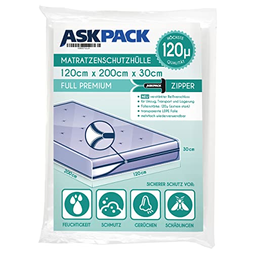 ASK Pack Premium custodia materasso Full con CERNIERA LAMPO per materasso fino a 120 cm di larghezza/fino a 30 cm di altezza / 200 cm di lunghezza - Extra forte 100 µm