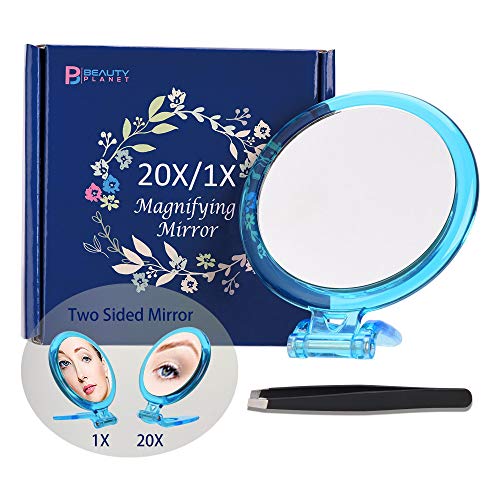 B Beauty Planet Specchio su due lati, ingrandimento 20X/1X,specchio pieghevole per il trucco con supporto portatile, uso per applicazioni di trucco, pinzatura e rimozione di punti neri/blemish. (blu)