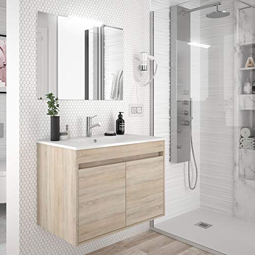 Yellowshop. - Mobile Bagno sospeso in Legno a 2 Ante con Freno con lavabo e specchiera con faretto LED Modello Noja800 Colori Vari (Caledonia)