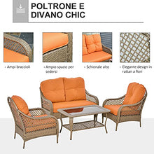 Outsunny Set Mobili da Giardino in Rattan PE con 2 Poltrone Divano a 2 Posti e Tavolo e Cuscini, Colore Khaki e Arancione