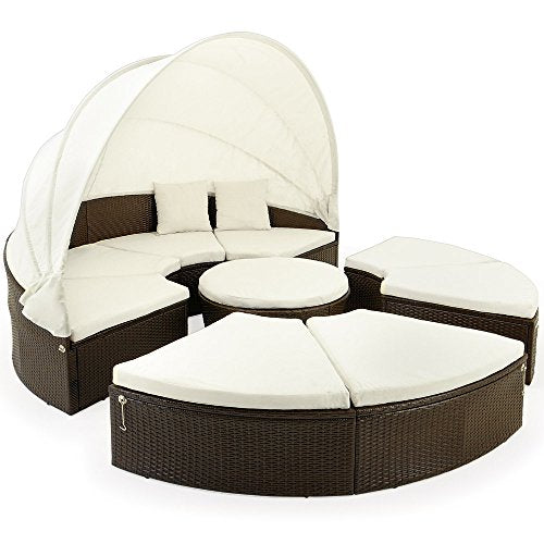 Casaria Isola Prendisole XXL Polyrattan Ø 230cm Baldacchino & Tavolino Cuscini Spessi 7cm + 4 Cuscini Schienale Lettino Prendisole Mobili da Giardino