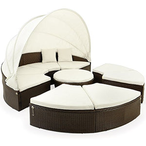 Casaria Isola Prendisole XXL Polyrattan Ø 230cm Baldacchino & Tavolino Cuscini Spessi 7cm + 4 Cuscini Schienale Lettino Prendisole Mobili da Giardino