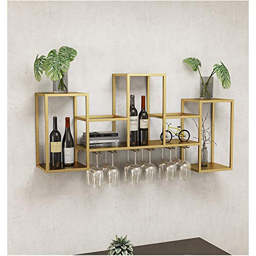 Porta bottiglie da vino Portabottiglie da parete con ripiano espositivo, portabottiglie industriale da appendere con 6 portabicchieri, ripiani a muro per esposizione di vini, oro / 41,7 x 7,87 x 16