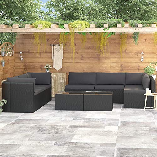 SKM Set Divani da Giardino 9 pz con Cuscini in Polyrattan Nero (92.1kg)