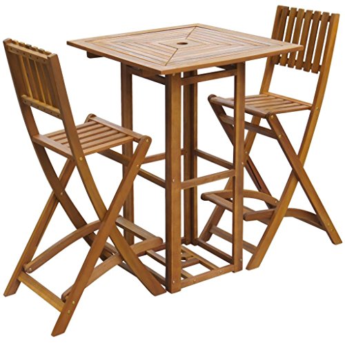 Festnight Set in 5 Pezzi Mobili Alti in Legno di Acacia da Pranzo da Bar da Giardino/Patio/Balcone per Esterni 1 Tavolo Quadrato + 2 Sedie Pieghevoli