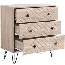 Comodino con 3 cassetti con maniglie in metallo e corridori, unico pannello posteriore e design unico a zig zag