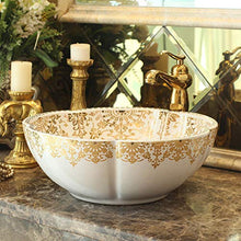 Jgophu, lavabo da appoggio in ceramica anticata con motivo dorato