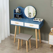 DD&QG Set di Tavoli da Tavolo Tavolo Cosmetici,Camera da Letto Toeletta con Specchio Rotondo E Sgabello Imbottito,2 Scaffali di Stoccaggio,2 Cassetti,Scrivania di Comò-Blu-a 80x40x114cm(31x16x45inch)