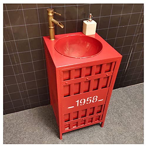 YRRA Autoportante Mobile Lavabo Bagno, Stile Industriale Mobile Bagno con Lavabo, con Lavello e Rubinetto Combinato 17,7 x 33,4 Pollici,Rosso