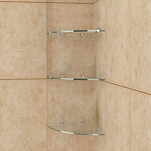 8 mm Vetro e Regolatore di Mensola da Parete [3 pezzi], Scaffale in Vetro Mobiletto ad Angolo per Doccia Pareti/Cabine Vetro Trasparente Scaffale Ripiano Vetro di Sicurezza