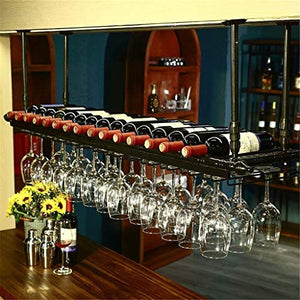 AMOSES Creativo D'attaccatura del Supporto di Vetro di Vino Capovolto Calice Wine Rack Bar Hanging Cup Holde - 120x30cm, può Appendere 30 Calici & 11 Bottiglie di Vino Rosso-Nero