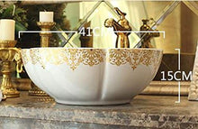 Jgophu, lavabo da appoggio in ceramica anticata con motivo dorato