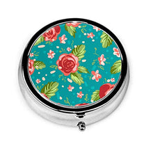 Rose Ornamento su sfondo blu rotondo pillola contenitore 3 scomparti in metallo medicina caso titolare vitamina organizzatore scatola decorativa per viaggi all'aperto