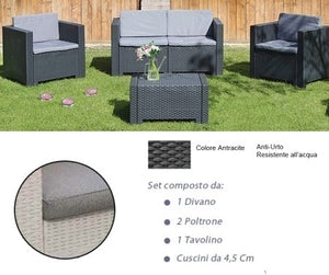 GrecoShop Divano con Poltrone e Tavolino/Salotto/Salottino in Polyrattan per Esterno/Arredo Giardino - MOD. Antracite (cod.:4040)