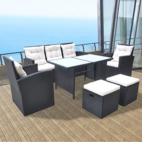 FAMIROSA Set da Pranzo da Giardino 6 pz con Cuscini in Polyrattan Nero