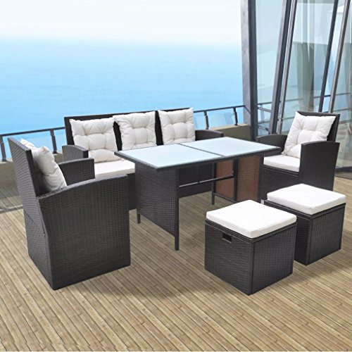 Tidyard Set da Pranzo da Giardino 6 pz con Cuscini in Polyrattan Nero, Set Mobili da Giardino in Rattan,Tavolo da Esterno 6 Posti, Tavolo con Sedie da Esterno 6 Posti 160 x 62 x 87 cm