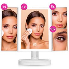 FC Home - Specchio da trucco illuminato a LED, triplo specchio con ingrandimento 5x e 10x, 34 luci naturali dimmerabili, touch screen
