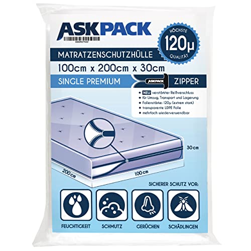 ASK Pack Premium custodia materasso • 7 misure • Cerniera di Ancoraggio • Estremamente resistenti agli strappi • Impermeabili • Ideali per traslochi, stoccaggio e trasporto • Extra Forte 120µ -140µ