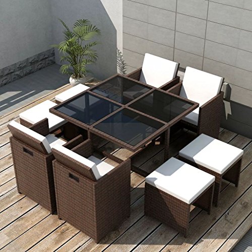 Festnight Set da Pranzo da Giardino con Cuscini, Tavolo Sedie da Giardino, Set Mobili da Giardino in Polyrattan Marrone 9 pz