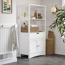 VASAGLE Mobile Bagno, Mobiletto Bagno, Armadietto Multiuso, con Cassetto, 2 Ripiani Aperti e Anta Doppia, 60 x 32,5 x 122 cm (L x P x A), Bianco BBC64WT