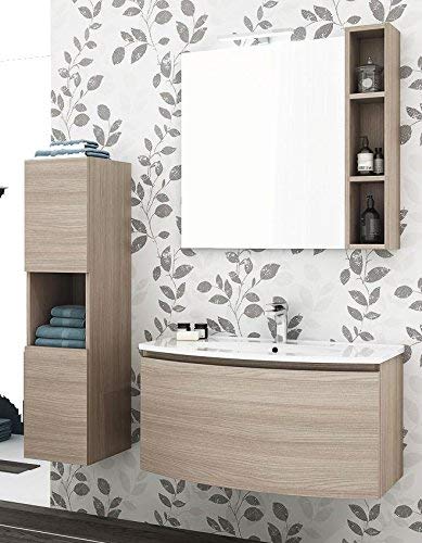 Mobile da bagno e colonna - L.91 P.36/46 Olmo Terra, Top lavabo in resina; Base p/lav. 1 cassettone; mensola e specchio a filo lucido c/ lampada a led; Top lavabo in resina