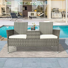 Panchina da giardino in polyrattan, con tavolo da 2 posti, con cuscini da 5 cm, colore: grigio