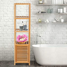 homcom Mobile Alto Bagno/Terrazzo, Scaffale a Torre in Bambù 4 Ripiani + Armadietto con Anta, 36x33x140cm, Color Legno