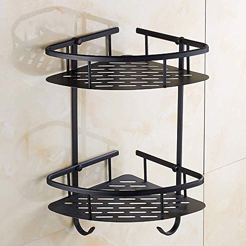 XLTT Mensola per doccia ad angolo per bagno in ottone antico a 2 livelli a parete Portaoggetti per doccia in rame nero Portaoggetti per doccia in rame Supporto per cestello a doppio triangolo con ganc